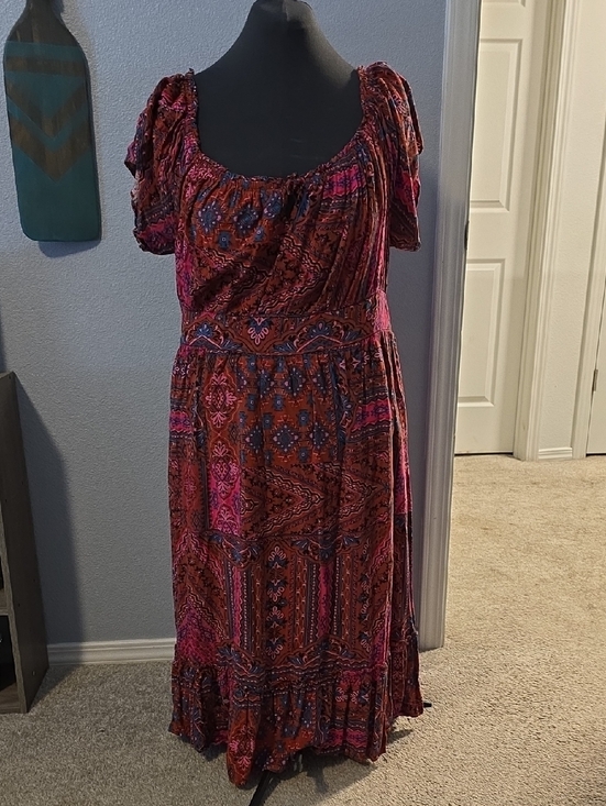 torrid Dresses & Skirts - torrid Pink & Rust Western Printed Midi Peasant Dress With Off Shoulder Neckline